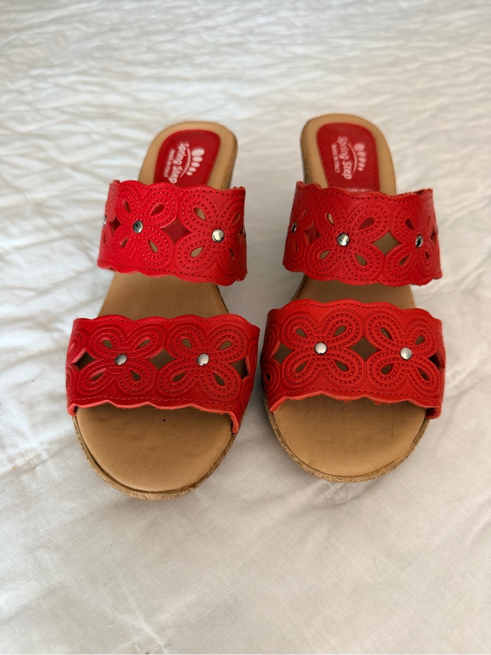 Spring Step Italy Leather Platform Wedge Sandals Red Cork Womens Sz 38 US 7.5 8